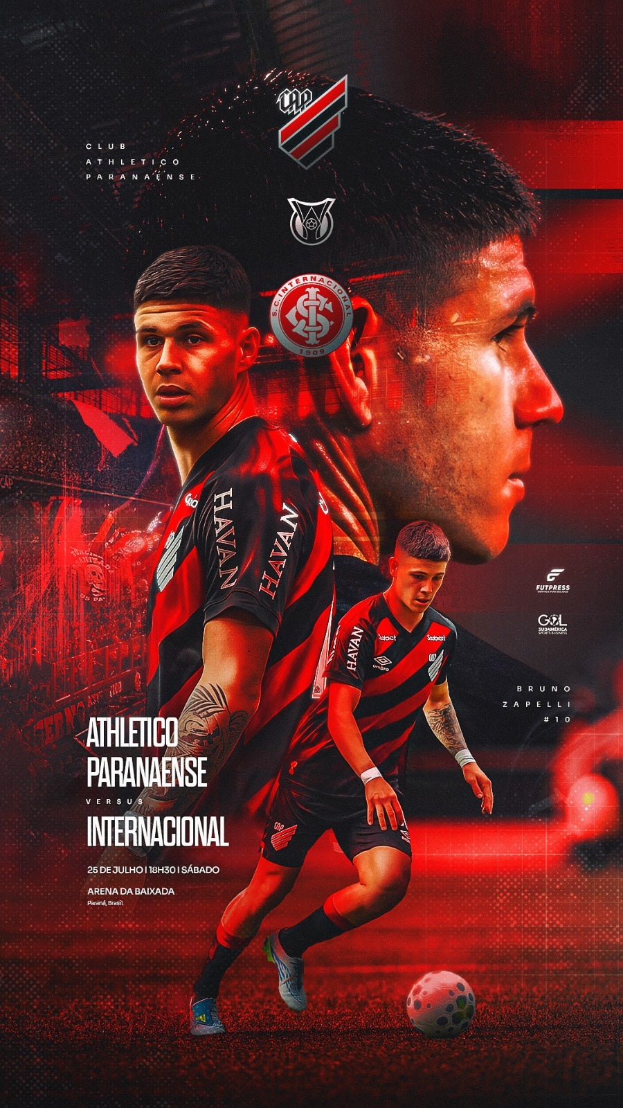 Composição de design esportivo em vermelho e preto, jogo Athletico e Internacional