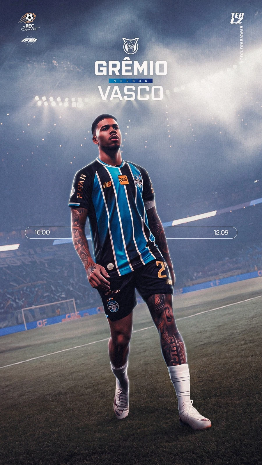 Arte de pré-jogo Grêmio x Vasco com atleta e estádio