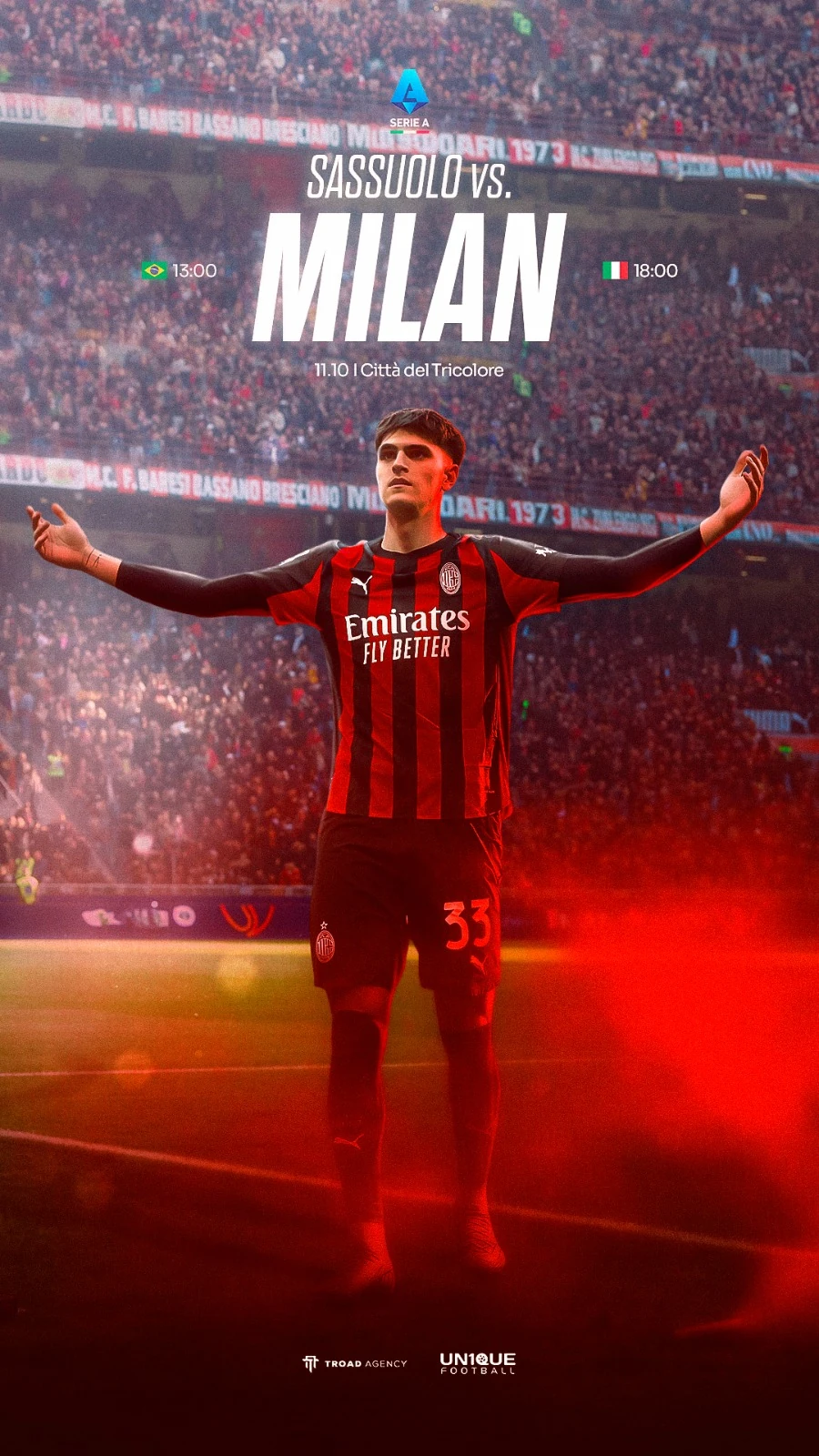 Cartaz do Milan em estádio, com jogador ao centro