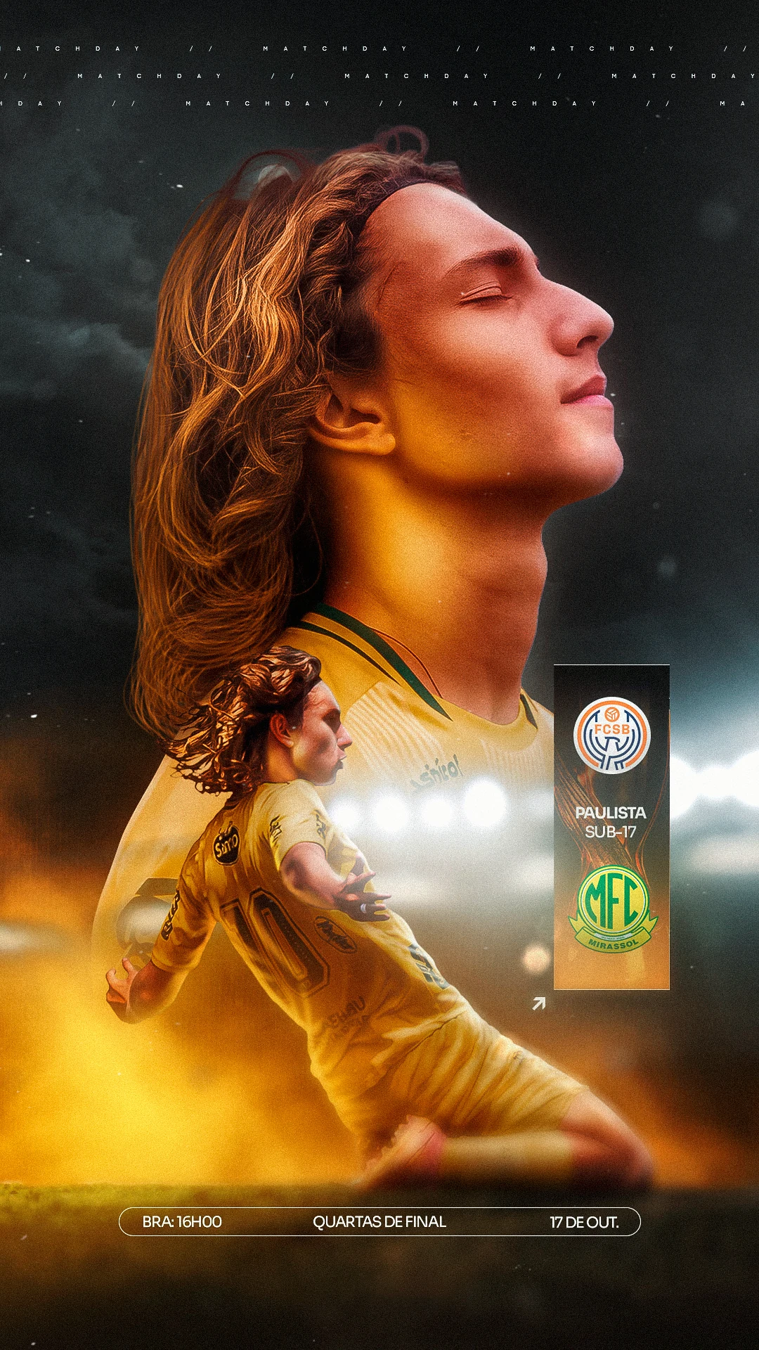 Composição SKA Brasil contra Mirassol, atleta em perfil e iluminação dourada